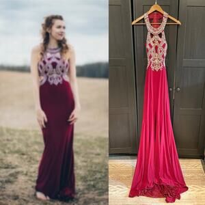 Splash Prom Dress Formal Gown Red Maroon Burgundy Rhinestone Long Women’s Sz 0
